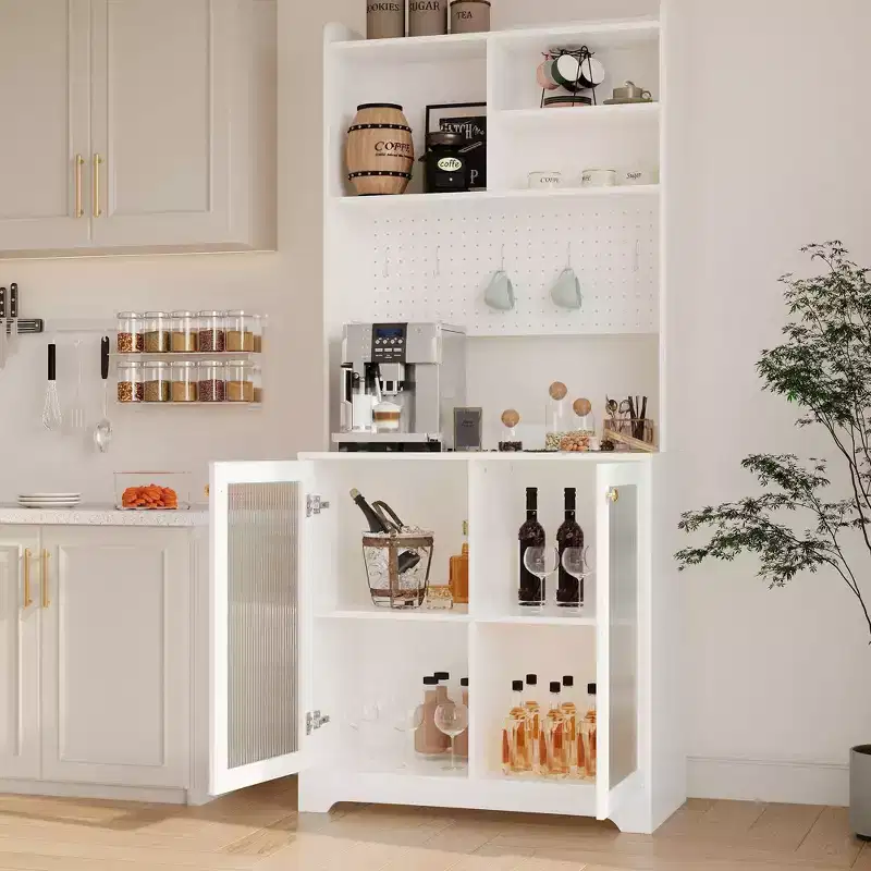 71 Tall Pantry Cabinet with 2 Glass Doors, Freestanding Kitchen Storage Cabinet with Adjustable Shelves, Farmhouse Cupboard Coffee Bar