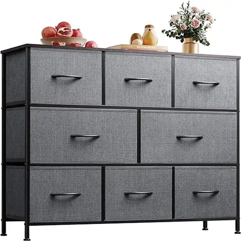Charcoal Black / Greige / Dark Grey 8-Drawer Wide Dresser with Wood Top for 1 Person
