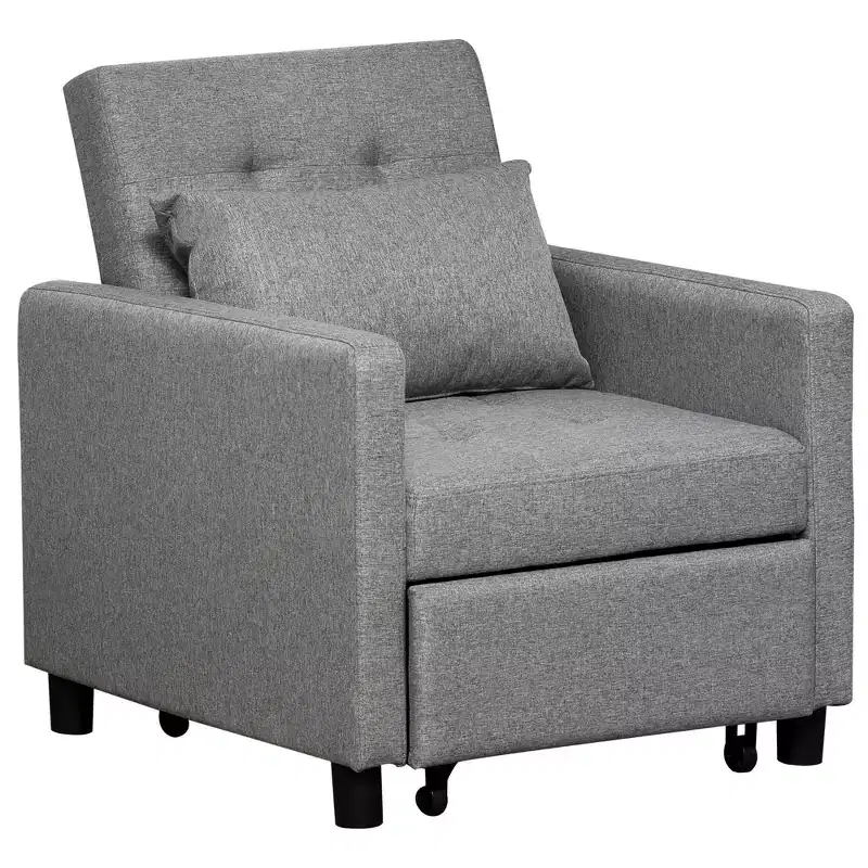 Convertible Sofa Lounger Chair Bed with Adjustable Backrest, Tufted Fabric Upholstery, and Pillow, Gray