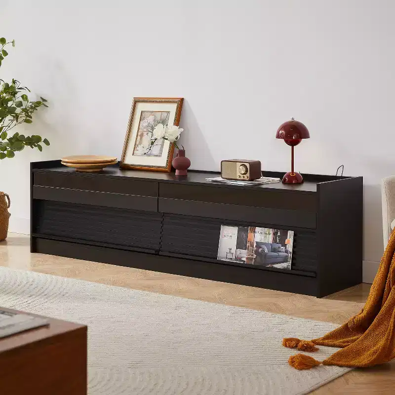 Modern TV Stand TV Console Media Console with 4 Drawer, Charging Ports and Ambient LED Lighting, Natural/Walnut/Black-Christopher Knight Home