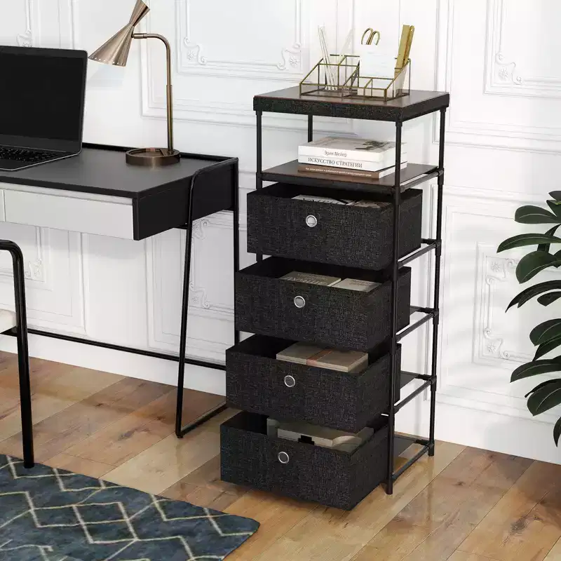 4-Drawer Dresser with Shelf and Fabric Bins, Industrial Storage Tower Unit