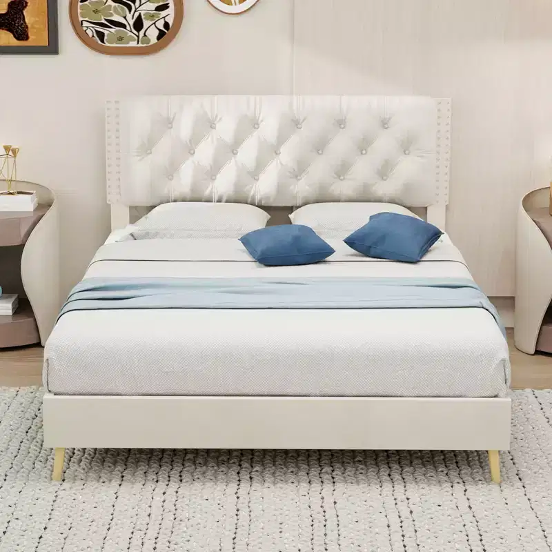 GDFStudio Ruskin Modern Wood and Velvet Upholstered Bed with Tufted Headboard