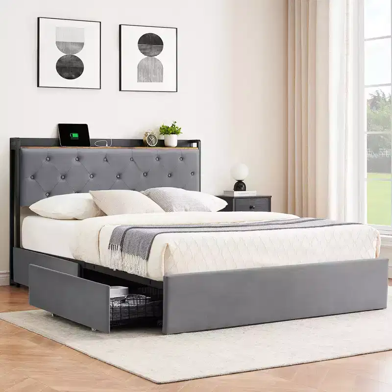 Full-size velvet bed frame with four storage drawers and USB charging station, suitable for the bedroom.