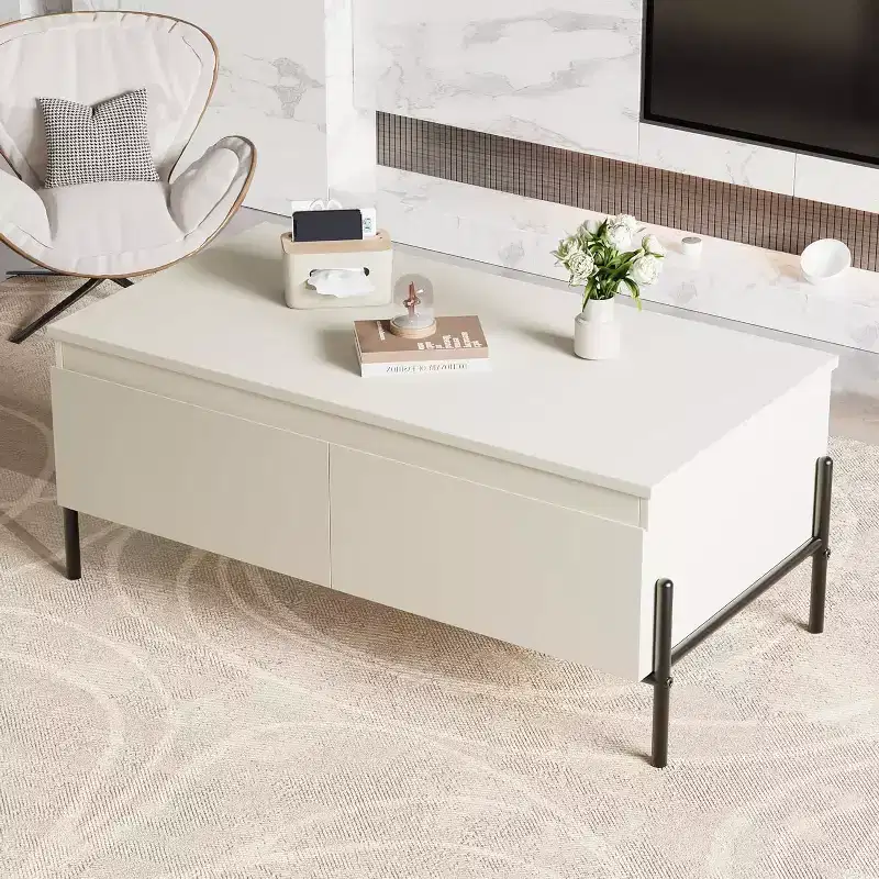 Modern White Coffee Table with Drawers & Back Open Shelf for Living Room, Office, Bedroom