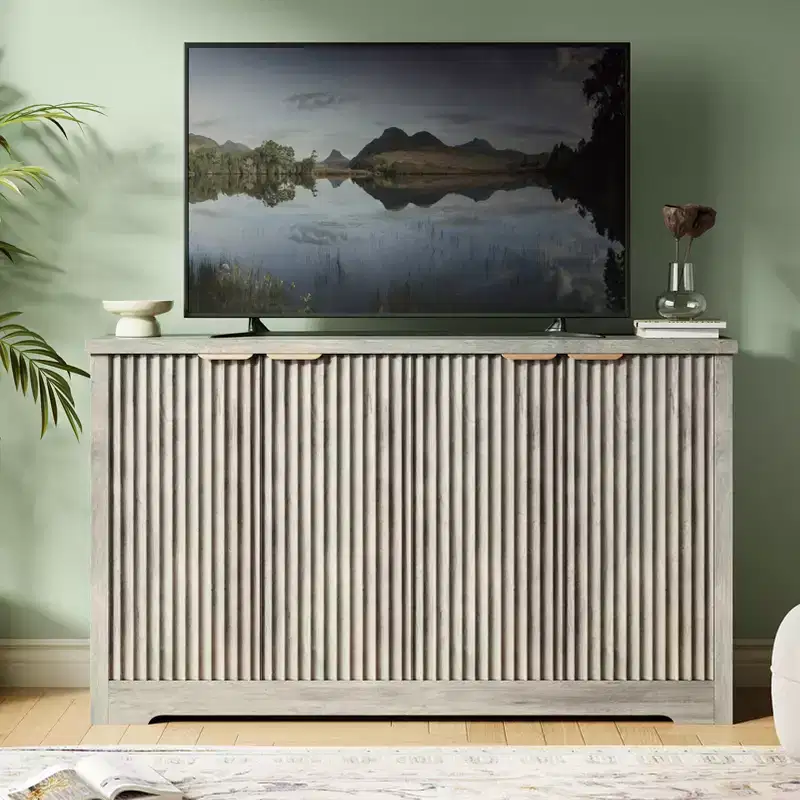 Modern Fluted 4-Door Accent Sideboard Buffet with Shelves, Wood Storage Console for Living Room