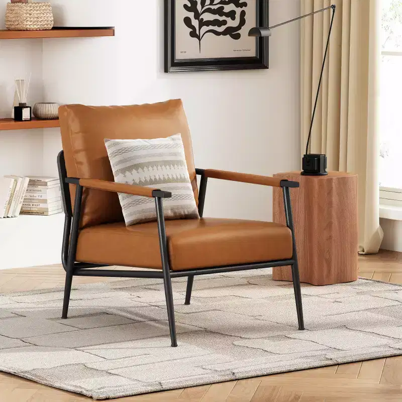 Mid-Century Modern Faux Leather Upholstery Accent Lounge Chair with Padded High Backrest and Metal Frame - Brown