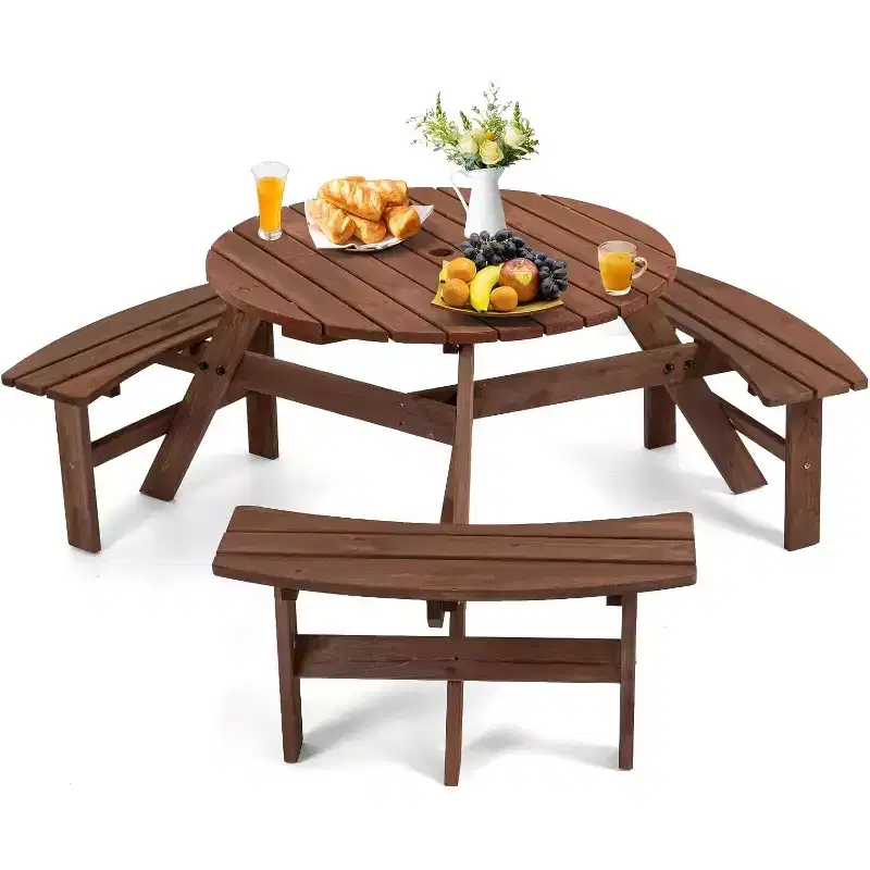 Zevemomo 6-Person Wood Picnic Table, Round Tabletop with Umbrella Hole, 3 Built-in Curved Benches, 1720LBS Total Capacity for Balcony, Garden, Brown