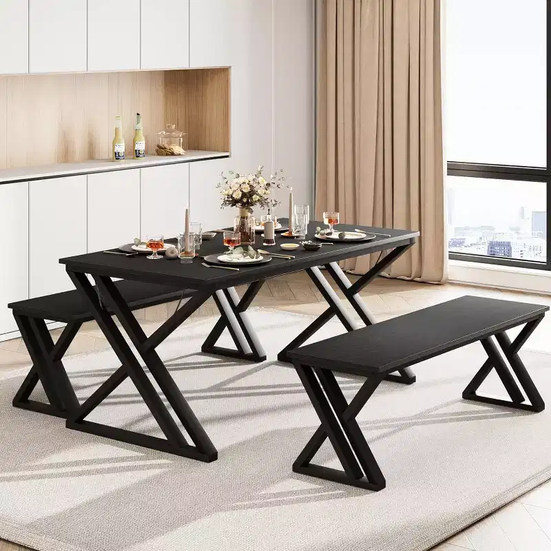 Dining Table Set for 4 with 2 Benches, Rectangular Kitchen Table, Sturdy Metal Frame, Space-Saving for Dining Room, Kitchen, Apartment