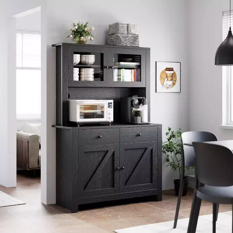 Kitchen Pantry Cabinet with Microwave Stand, Hutch Cabinet with Buffet Cupboard and Adjustable Shelves, for Kitchen, Dining Room