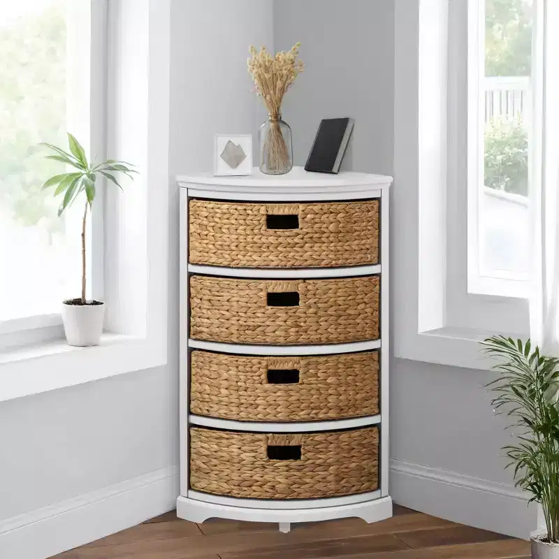 eHemco Hampton Meadows 4 Tier X-Side Corner Storage End Table with 4 Wicker Baskets