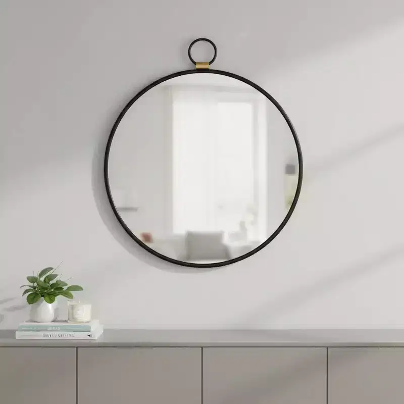 HomeRoots 28 Black Round Iron Framed Accent Mirror