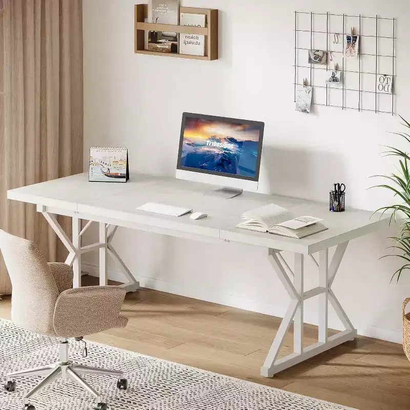 70.86-Inch Large Executive Desk, Industrial Home Office Computer Desk, Simple Long Writing Study Table Business Furniture (White)