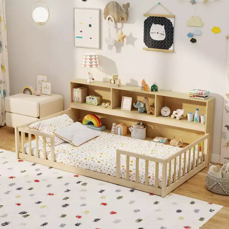Costway Twin Size Montessori Floor Bed with Bookcase Storage Shelves & Safety Fence Rails Pink/Natural/White/Gray
