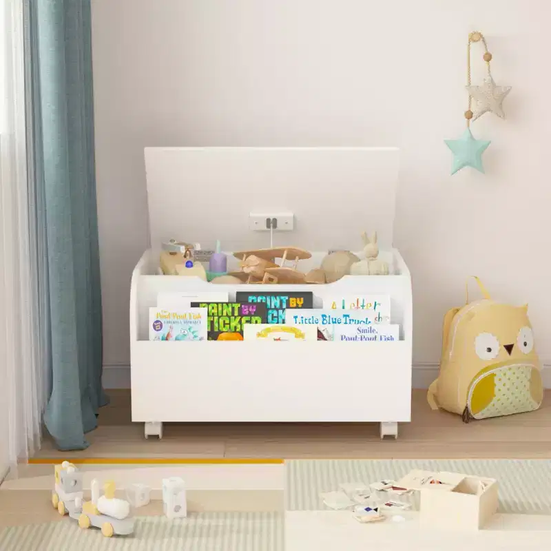 JVNOXK Wooden Toy Storage Bench with 4 Swivel Casters, Featuring Front Shelf, Flip-Top Lid, and Safety Hinges. Suitable for Playroom Organization