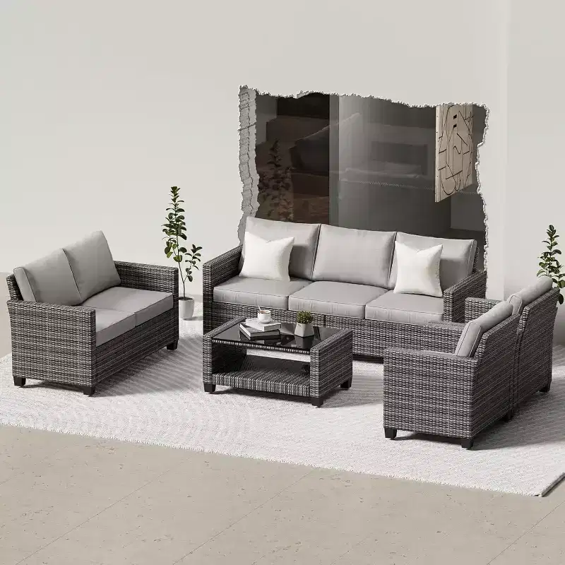 Acekool 5-Piece Outdoor Patio Furniture Set with Weather-Resistant PE Rattan, Tempered Glass Table, Cushioned Chairs for Porch, Balcony, Backyard