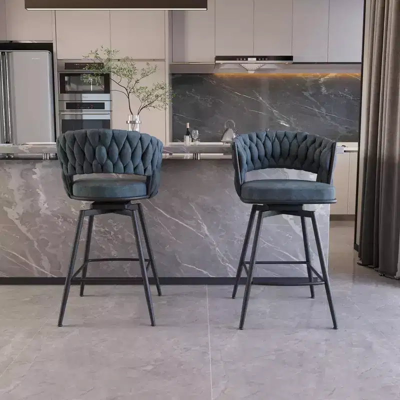 Okak 26 Swivel Bar Stools Set of 2, Suede Upholstered with Footrest & Woven Back, Black Legs Counter Stools for Kitchen Island