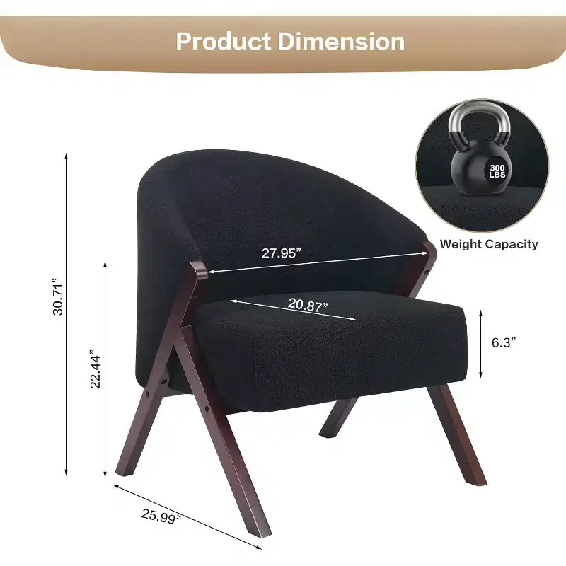 Mid-Century Modern Accent Chair with Boucle Upholstery, Low Profile Lounge Chair for Living Room, Bedroom, Comfortable Reading Chair with Wood Frame