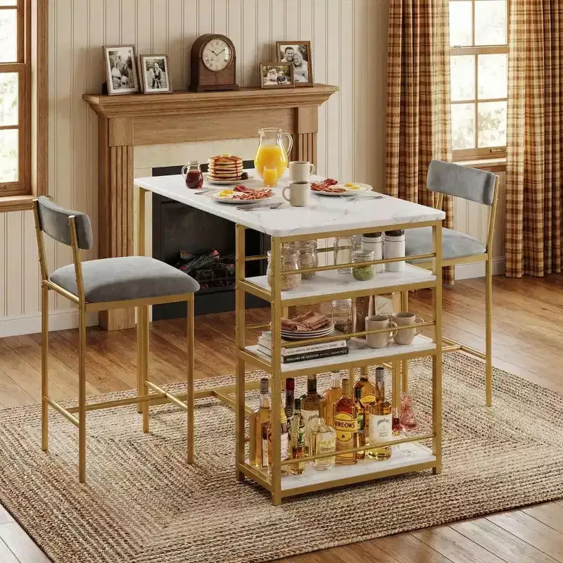 Dining Table Set for 2, Counter Height Kitchen Table with 2 Upholstered Bar Stools ,Dining Table and Chairs Set with Storage Shelves