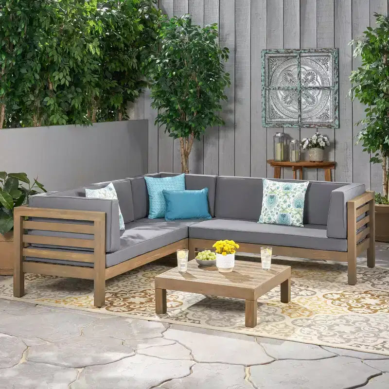 Christopher Knight Home Cynthia Patio Acacia Wood L Shape Upholstered 5-Seater Sectional Sofa Set with Coffee Table