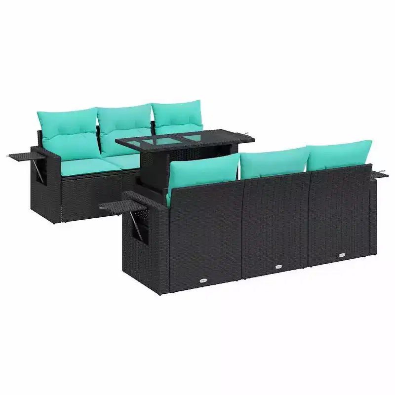 vidaXL Patio Sofa Set with Cushions Conversation Set 7 Piece Poly Rattan Acacia - Black