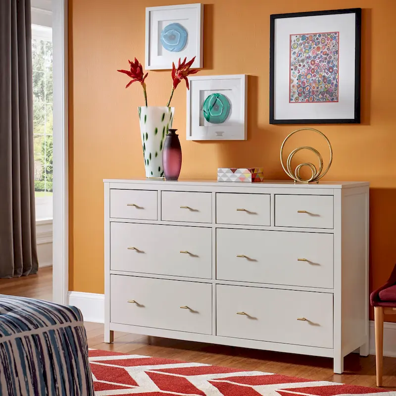 8-Drawer Dresser – White / Blue, Gold Pulls, Rubberwood & Plywood, Modern Style