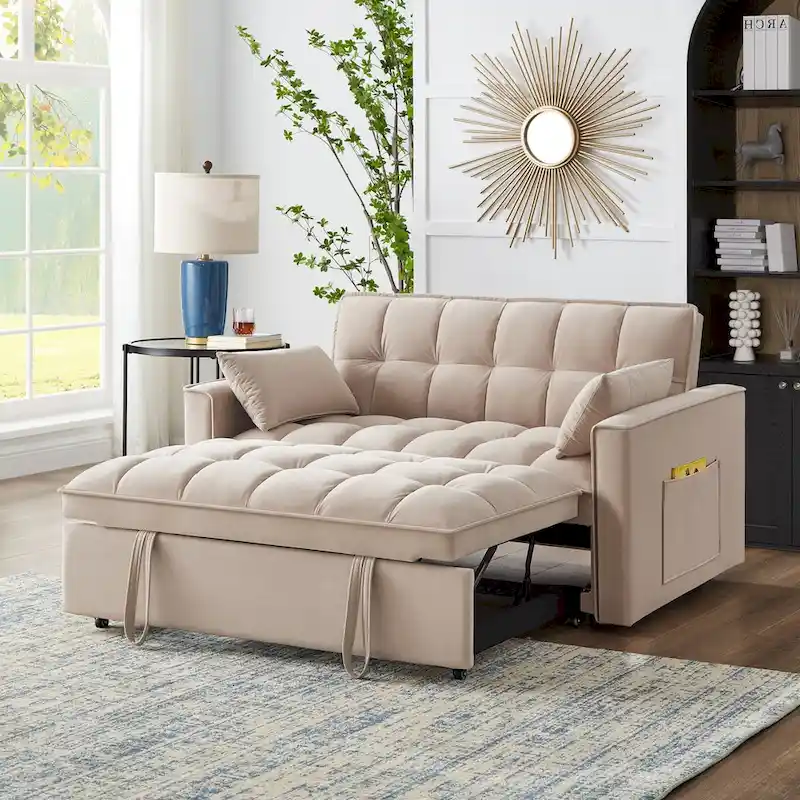 4-in-1 Pull-Out Sleeper Sofa Bed - Loveseat in Velvet -Convertible Couch Bed with Reclining Backrest,2 Side Pockets