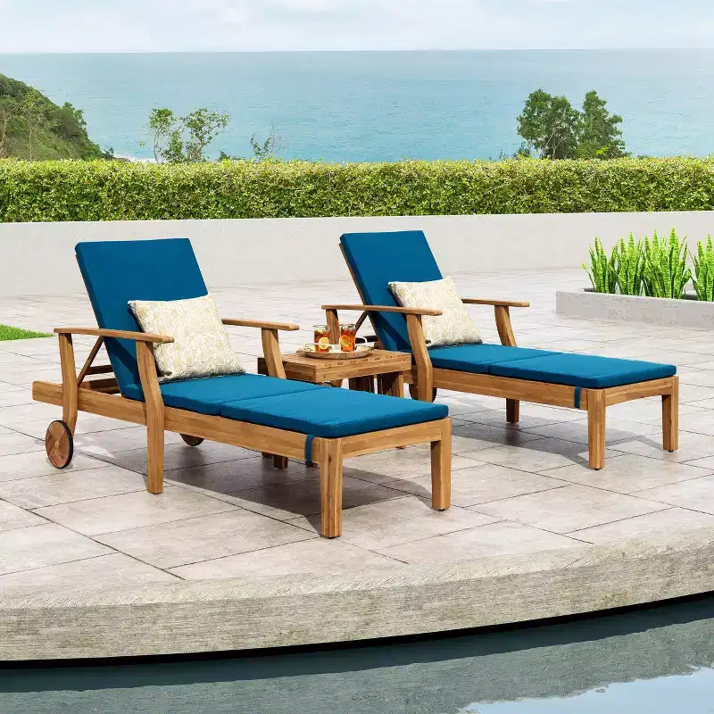 Christopher Knight Home Perla Outdoor Acacia Wood 3 Piece Adjustable Chaise Lounge Chat Set with Cushion