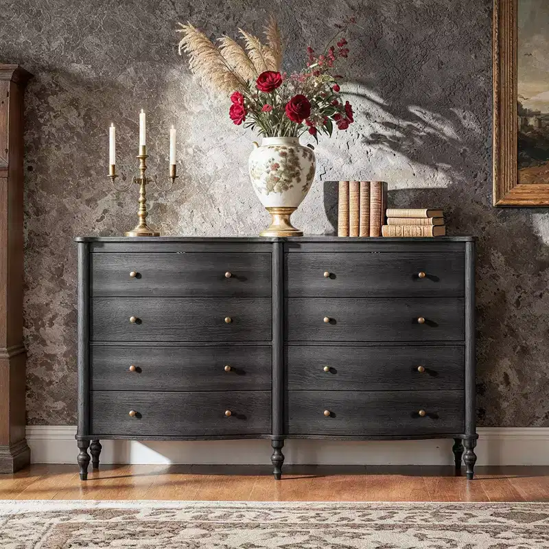 Black/Light Oak Curved-Front Vintage Dresser with 8 Drawers, Bedroom Storage with Bronze Knobs