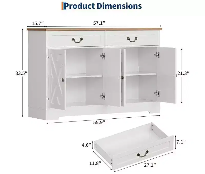 CuisinSmart 57'' Modern Farmhouse Sideboard Buffet Cabinet with 2 Drawers & Adjustable Shelves, Dining Room Coffee Bar Organizer for Living Room
