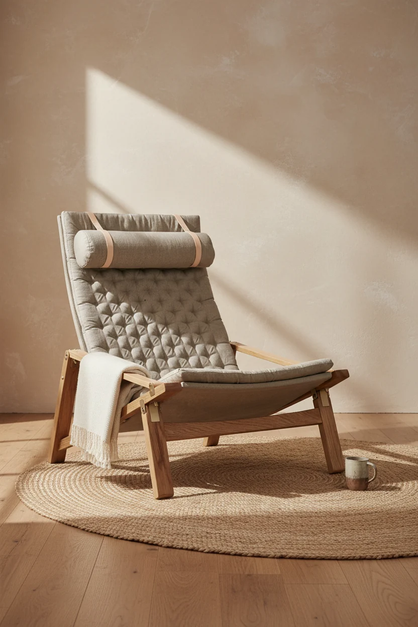 Scandinavian Solid Oak & Linen Canvas Lounge Chair with Foldable Backrest & Brass Fittings for Living Room