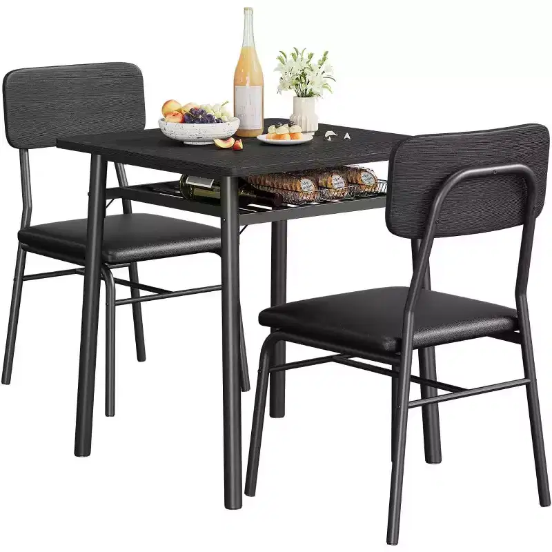 3-Piece Dining Table Set for 2, Wood Kitchen Table with Storage Rack, Upholstered Chairs of 2, Dining Room Set for Small Space, Apartment