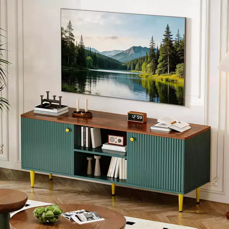 55'' Fluted TV Stand with 2 Doors & Adjustable Shelves, Wood TV Cabinet with Storage, TV Console Table Entertainment Unit for Living Room Apartment