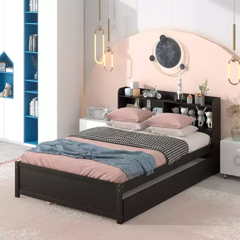 Full Size Storage Headboard Bed with Pull Out Trundle Solid Pine Wood Bed Frame for Small Space
