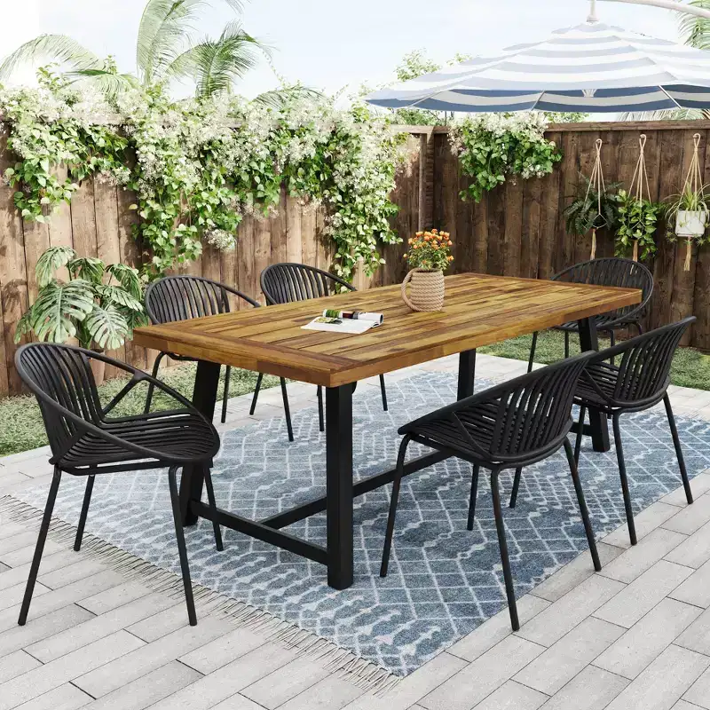 7-Piece Outdoor Patio Modern Dining Set with Stackable Chairs and Acacia Wood Table