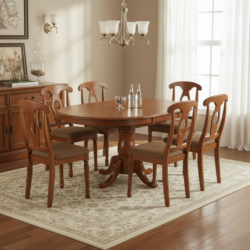 7 Piece Kitchen Table with Oval Dining Table and Solid Chairs, Saddle Brown