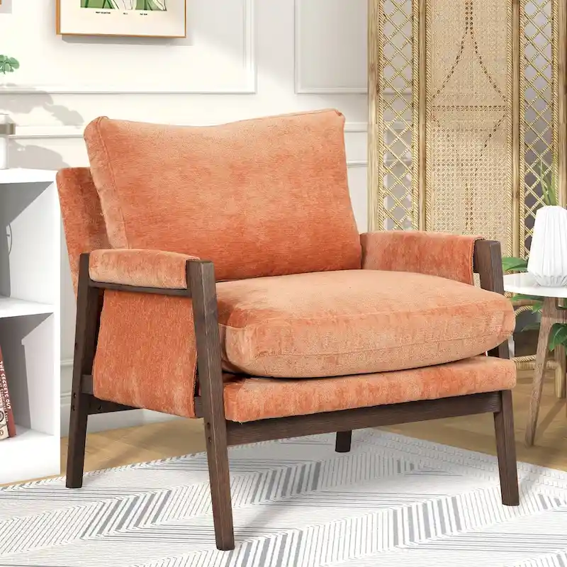 Orange/Grey/Yellow/Off-white/Blue Mid-Century Velvet Accent Armchair, Single Seat