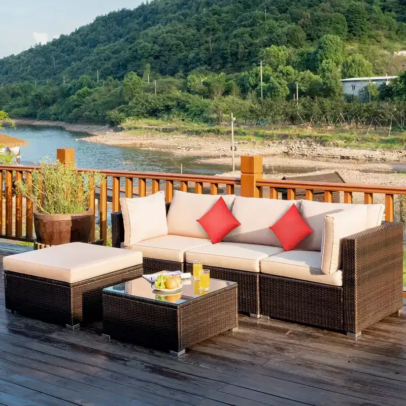 Costway 5PCS Patio Rattan Furniture Set Sectional Conversation W/Beige Cushion
