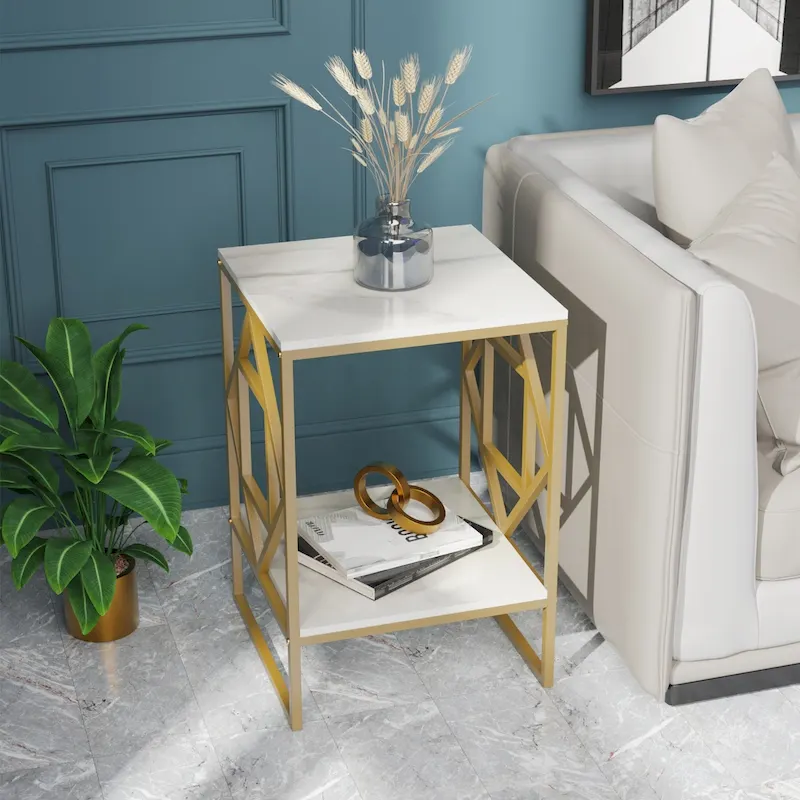 Sintered Stone End Coffee Table 2 Tier Side Table With Storage Shelf - 15.75x15.75x22.83 inch