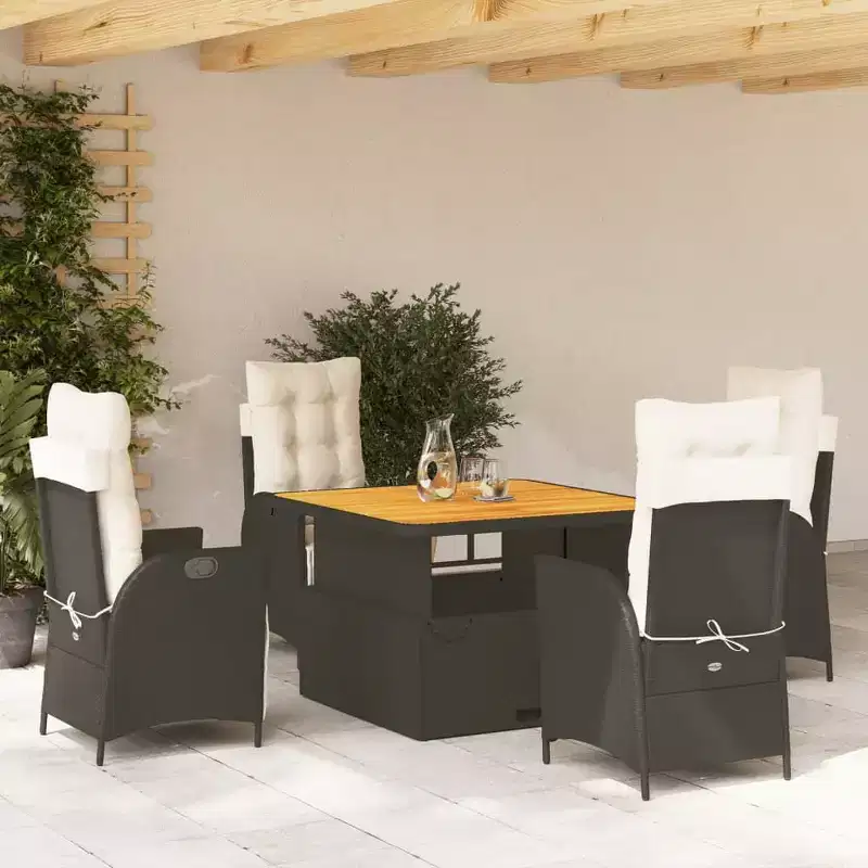 vidaXL 5 Piece Patio Dining Set with Cushions - Adjustable Reclining Chairs & Lift-up Table, Black Poly Rattan, Weather-Resistant Outdoor Furniture