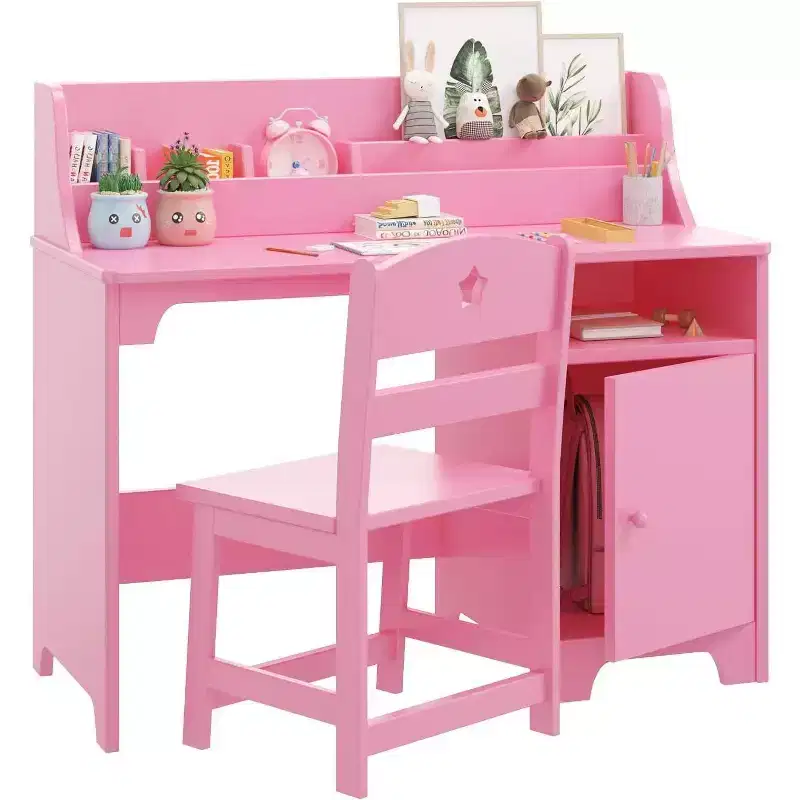 Acekool Kids Desk and Chair Set, Wooden Study Desk with Hutch, Storage Cabinet & Organizer, Student Computer Table for Bedroom