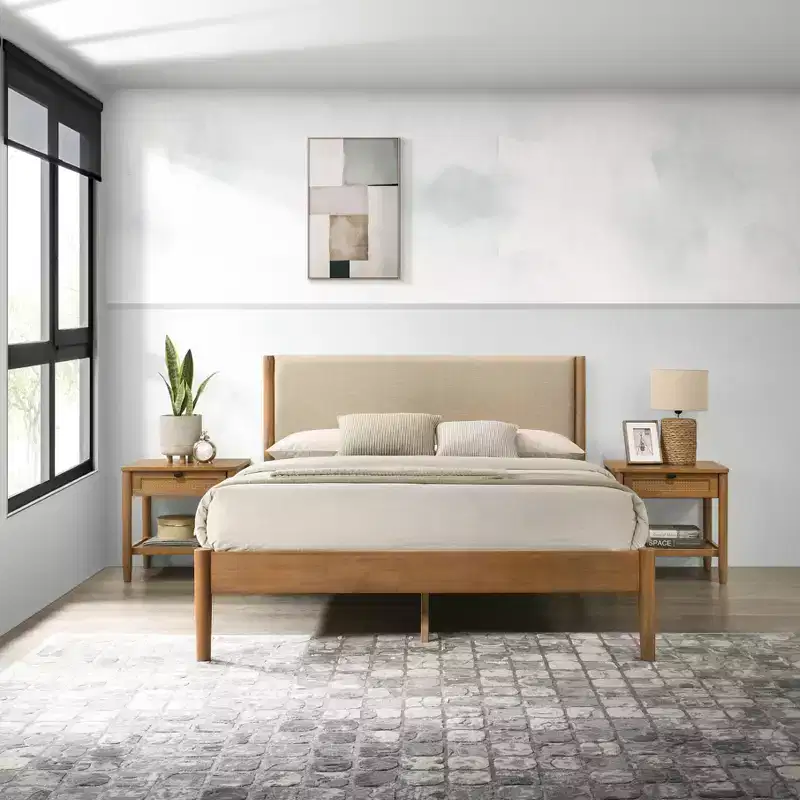 Roundhill Furniture Vichy 3-Piece Rubberwood Bedroom Set, Platform Bed with Two Nightstands