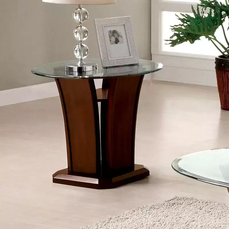 Round Glass Top End Table, Brown Cherry, Contemporary Pedestal, Tempered Top, Open Shelf
