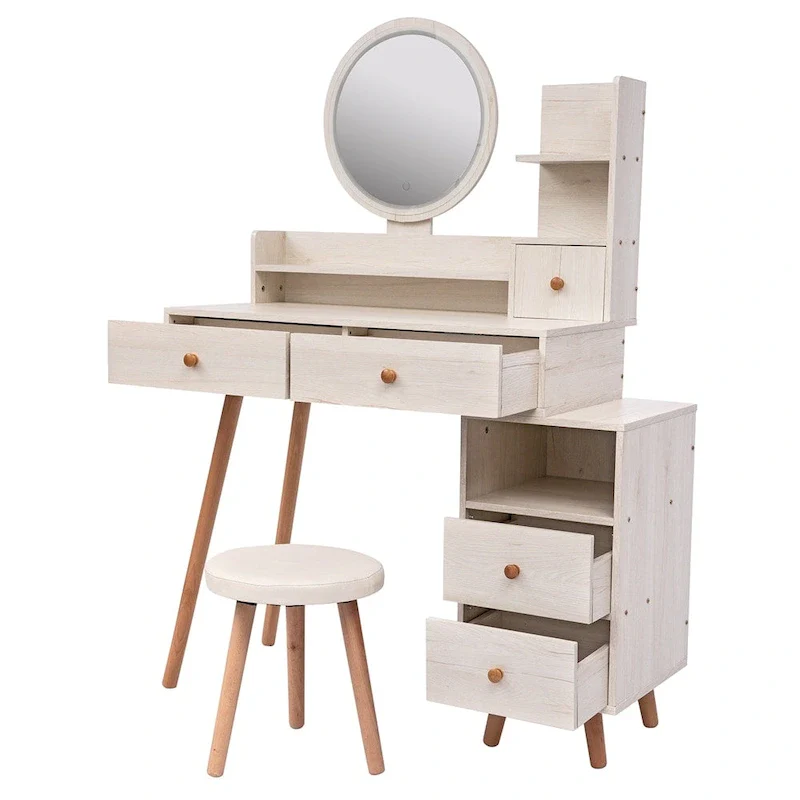 Length Adjustable Vanity Table w/ Touch LED Mirror and 5 Drawers