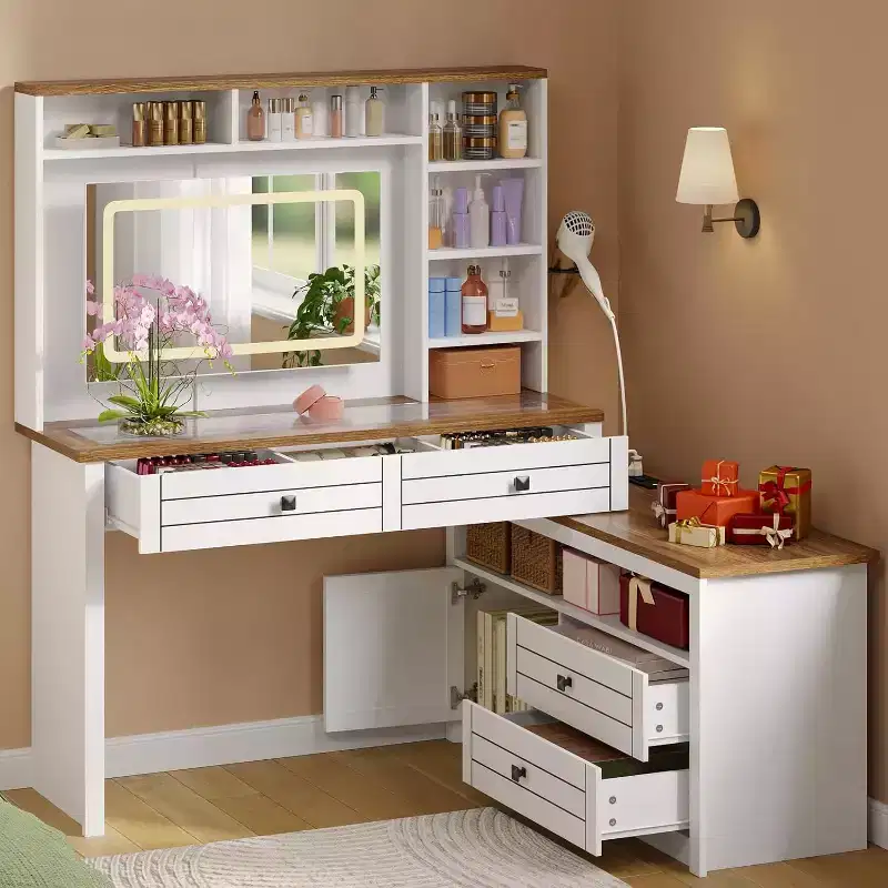 Vanity Desk with Lights, Farmhouse Makeup Vanity Table with Power Strip, Glass Tabletop Vanity Table with 5 Drawers, Vanity Mirror Table for Bedroom