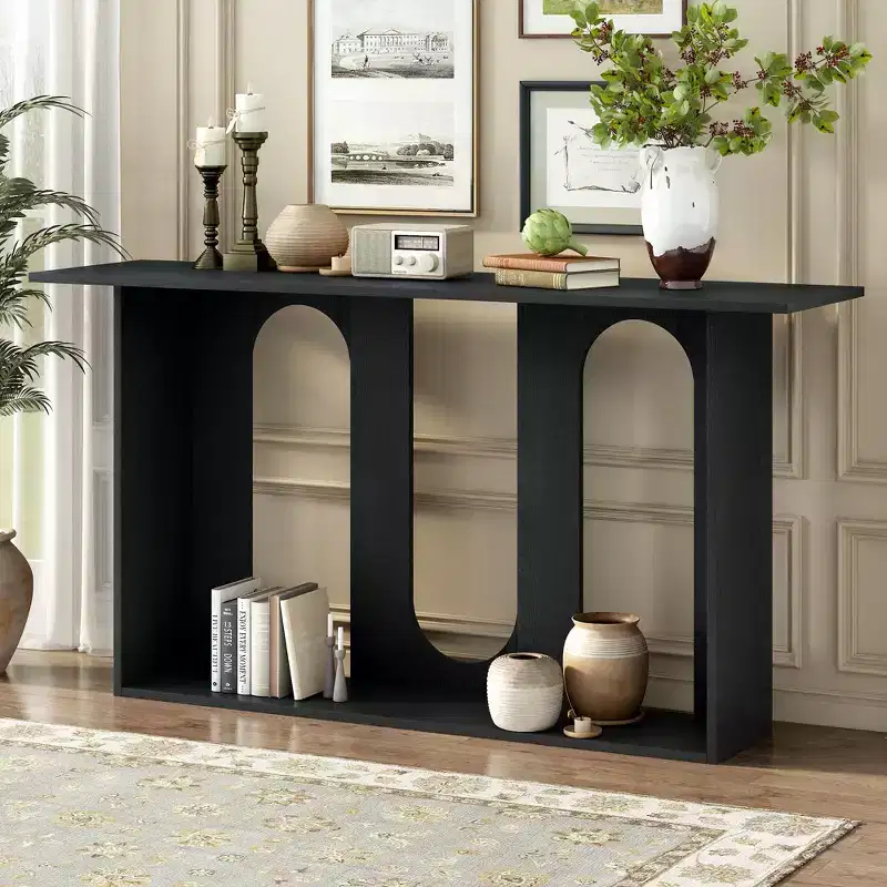 60 Inch Modern Curved Console Table with Ash Veneer and Bottom Shelf