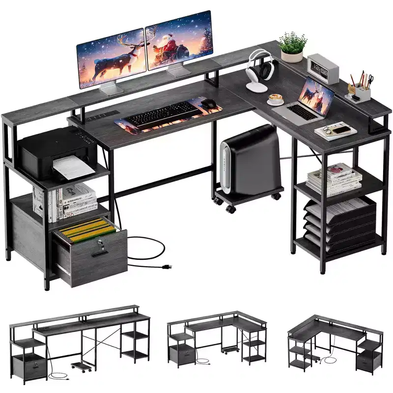 76-Inch L-Shaped Desk with File Drawer, Power Outlet, and Monitor Shelf (Gray)