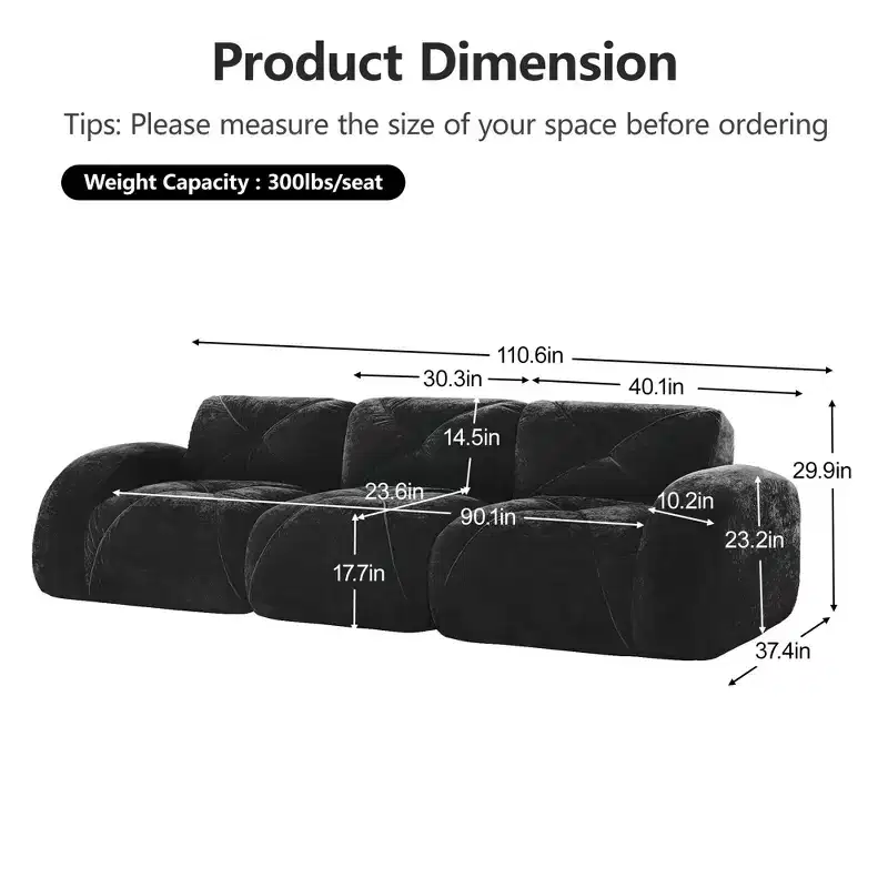Clihome 110Boneless Sofa With Tufted,Soft Velvet Fabric,Modular Sectional Sofa,32D High Density Sponge,Anti-Slip Design,Ergonomic Design Bottom