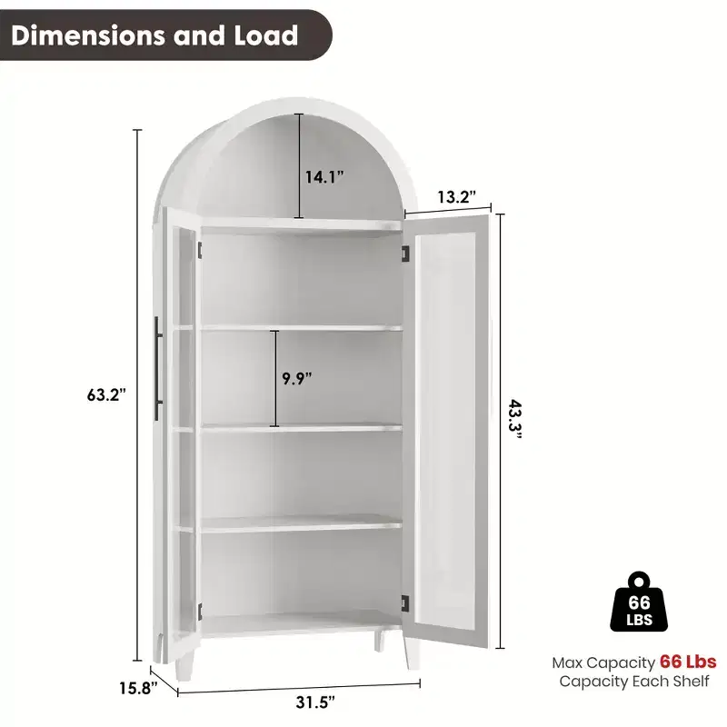 Arched Kitchen Pantry Cabinet - Farmhouse 5 Tier Display Shelf with Adjustable Shelf and 2 Large Glass Doors, Versatile Storage Cupboard for Kitchen