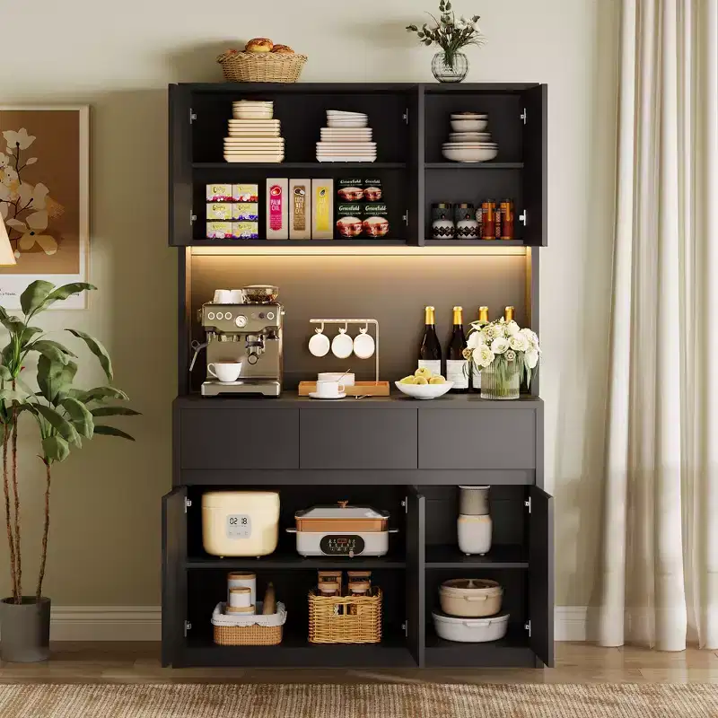 71 Tall Kitchen Pantry Cabinet, Adjustable Shelves & Doors, Microwave Shelf, Coffee Bar with LED Lights & Charging Station, for Living Room