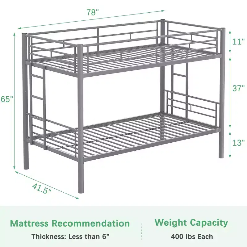VECELO Metal Bunk Bed Twin Over Twin, Industrial Bunkbeds with Ladder and Full-Length Guardrail
